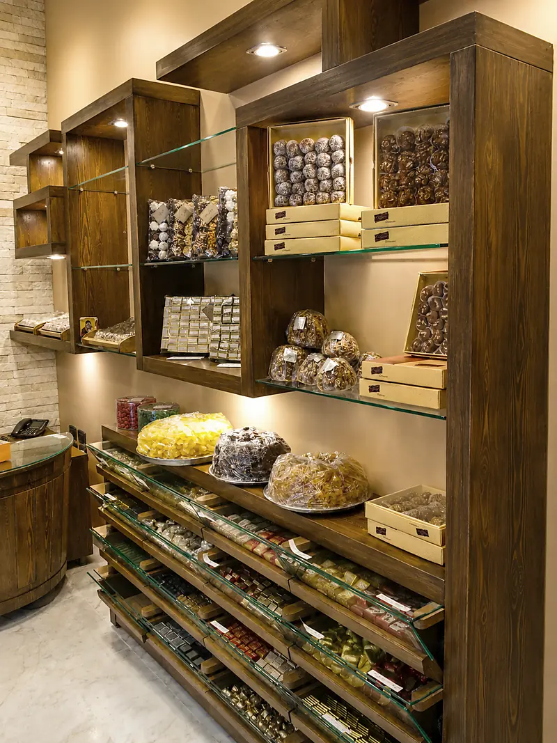 Présentoir en bois foncé à tablettes de verre dans une chocolaterie-pâtisserie