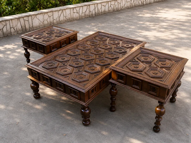 Trois tables basses en bois à plateaux sculptés de motifs hexagonaux